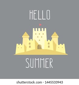 hand drawn summer brush lettering Hello Summer with cute cartoon sand castle. Vector beach summer illustration