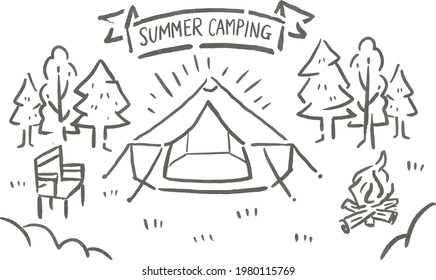 Hand drawn summer camping simple line art vector illustration