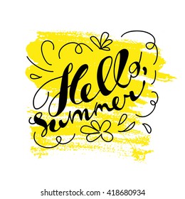 Hand drawn summer card. Lettering, text message isolated on white background. Hand written font, abc. Ink drawing. Floral elements, flower, yellow paint spot. Summer lettering, advertising, greeting.