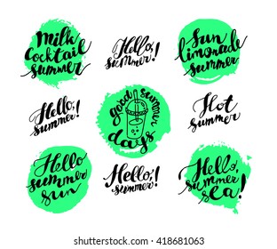 Hand drawn summer card. Lettering, text message isolated on white background. Hand written font, abc. Ink drawing. Set of summer greeting. Summer advertising, card, message, greeting.
