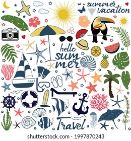 Hand drawn summer card.  Set of isolated travel and vacation icons