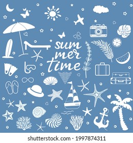 Hand drawn summer card. Set of isolated icons on blue background