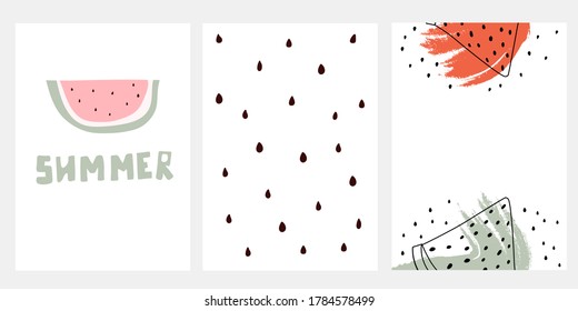 Hand drawn summer cards. Abstract color strokes and doodle watermelon slice with bones.  Vector illustration bright summer banners. Perfect for stories, cards, posters.