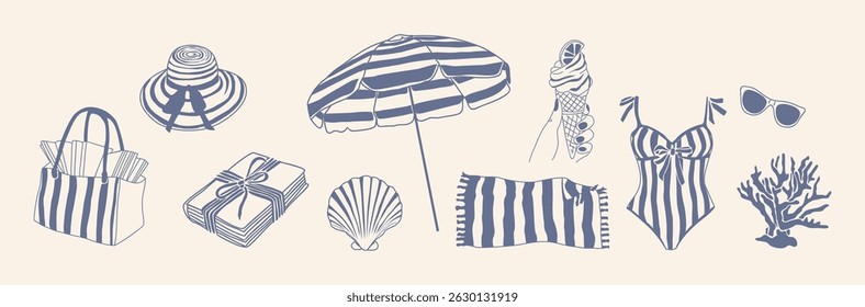 Clipart de verão desenhado à mão com acessórios de praia, maiô listrado, guarda-chuva, chapéu, sorvete, toalha, concha e coral. Elementos de design vetorial isolados no plano de fundo branco