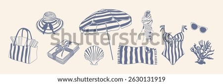 Hand drawn summer clipart set with beach accessories, striped swimsuit, umbrella, hat, ice cream, towel, shell, and coral. Vector design elements isolated on white background