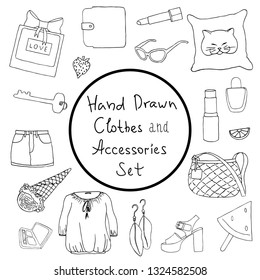 Hand drawn summer clothes, snacks and accessories doodles.
Perfume,lipstick,mirror,shoes,bag,purse, pillow, glasses, key, earrings, watermelon,ice cream,orange,nail polish,strawberry