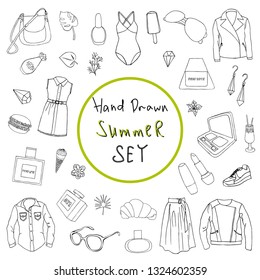 Hand drawn summer clothes, snacks and accessories doodles.Perfume,lipstick,mirror,bag,purse, pillow, glasses,earrings,ice cream,nail polish,croissant, skirt, jacket, flowers, ice cream, cocktail.EPS10