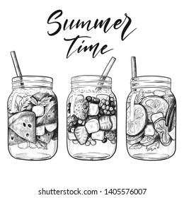 Hand drawn summer cold drinks in a jar, isolated on white background. Vintage vector etching  illustration, engraving set, pen and ink line art.