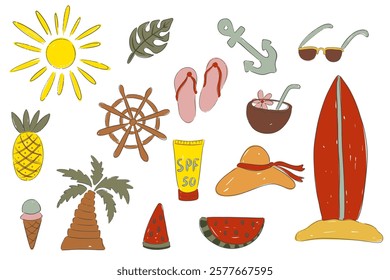 Hand drawn summer collection with beach elements and tropical vibes, summertime design vector illustration