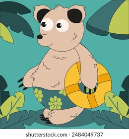 Hand Drawn Summer concept with cute Animal . Funny bear in the Tropical Forest. Summer vector can used t-shirt print, book illustration, postcard, poster cover. Editable stroke.