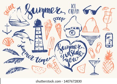 Hand drawn summer design element set. Rough navy blue and orange ink sketch of fruit, cocktail, lighthouse, dolphin, boat, shades, bikini, smartphone, camera, with summer lettering.