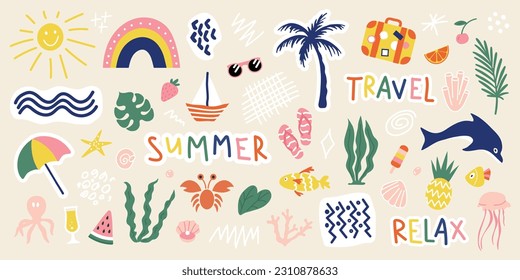 Hand drawn summer design elements. Collection of cute stickers for covers, scrapbooking, home decor and more.Vector illustration.