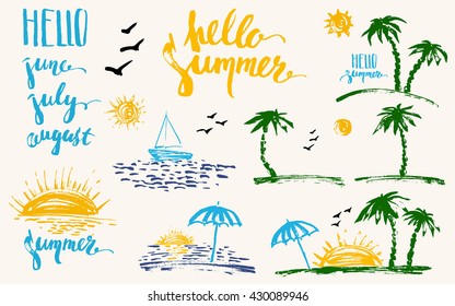 Hand drawn summer design elements in bright colors. Colorful prints, palm silhouettes, sun, sunset, ocean, sailboat, hello. Brush lettering, june, july, august.