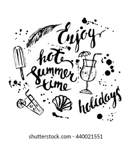 Hand drawn summer design with ink sketch, stains and summer time lettering.