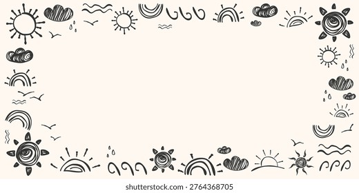 Hand drawn summer doodle border frame with sun rainbow clouds waves and sky elements in playful black and white style ideal for invitations cards posters social media and seasonal design.Vector