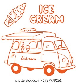 Hand Drawn Summer Doodle with Ice Cream Truck Illustration in Cute Style
