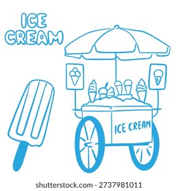 Hand Drawn Summer Doodle with Ice Cream Cart Tent on Wheels Illustration
