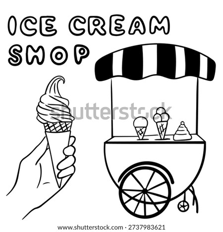 Hand Drawn Summer Doodle with Ice Cream Cart Tent and Hand Holding Cone
