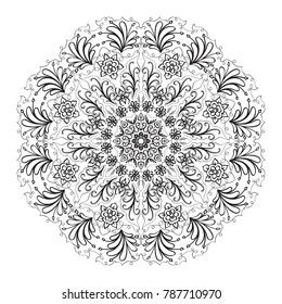 Hand drawn summer doodle round pattern. Monochrome curly design element for your artwork and coloring