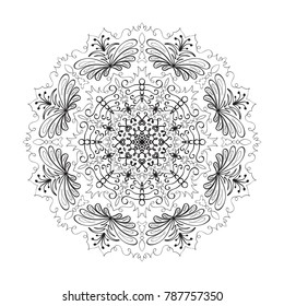Hand drawn summer doodle round pattern. Monochrome curly design element for your artwork and coloring
