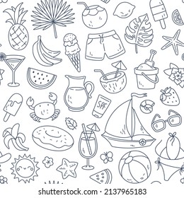 Hand drawn summer doodle seamless pattern, vacation and travel texture. Textile print with tropical leaves, fruits and cocktails sketches, cute summertime line doodles vector background