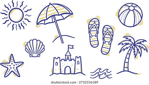 Hand Drawn Summer Doodle Set with Couple Beach Bicycle Lighthouse Ice Cream and Vacation Elements Cute Line Art Illustration Hand Drawn Summer Doodle Set with Couple Beach Bicycle Lighthouse Ice Cream and Vacation Elements Cute Line Art Illustration