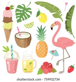 hand drawn summer doodle set (flamingo, cocktail, tropical, palm, ice-cream, pineapple)