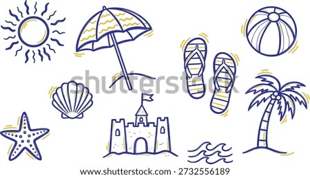 Hand Drawn Summer Doodle Set with Couple Beach Bicycle Lighthouse Ice Cream and Vacation Elements Cute Line Art Illustration