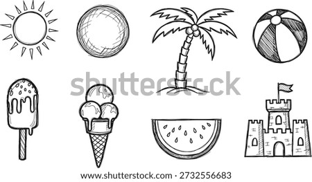 Hand Drawn Summer Doodle Set with Sun Palm Tree Ice Cream Watermelon Beach Ball and Sandcastle Line Art Illustration