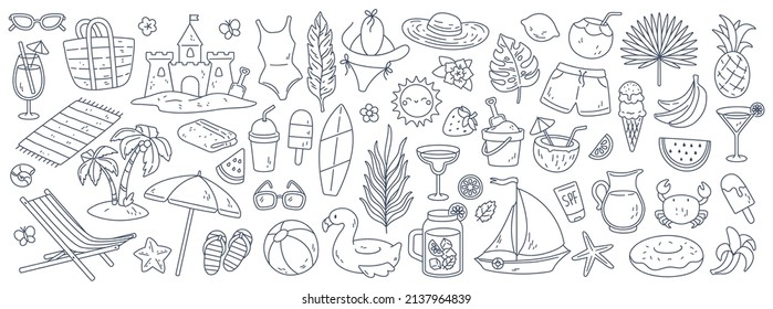 Hand drawn summer doodles, beach party, vacation and travel doodle elements. Tropical leaves, fruits and cocktails sketches, cute summertime line stickers vector set