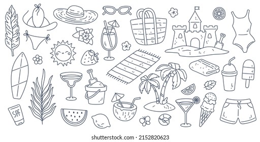Hand drawn summer doodles  beach party  vacation   travel doodle elements  Tropical leaves  fruits   cocktails sketches  cute summertime line stickers vector set