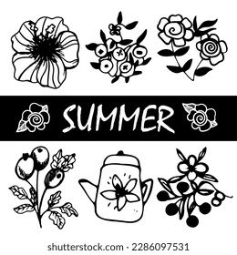 Hand drawn summer doodles, beach party, vacation and travel doodle elements. Tropical leaves, fruits and cocktails sketches, cute summertime line stickers vector set