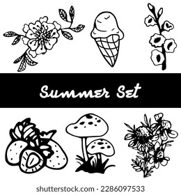Hand drawn summer doodles, beach party, vacation and travel doodle elements. Tropical leaves, fruits and cocktails sketches, cute summertime line stickers vector set