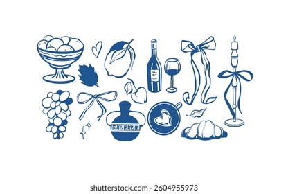 Hand drawn summer doodles, beach party, summer picnic elements, fruits, wine, candles and bows. Summertime line icon vector set