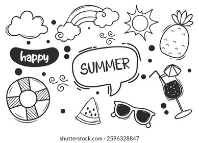 Hand drawn summer doodles, fruits and cocktails sketches, cute summertime stickers vector set