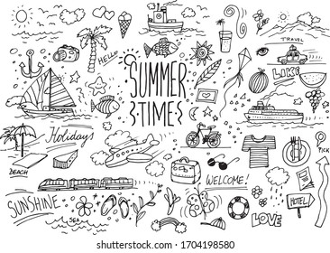 Hand drawn summer doodles set on white paper
