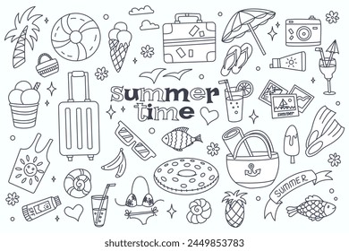 Hand drawn summer doodles. Set of summer elements. Collection of icons on the theme of holidays, vacations, travel