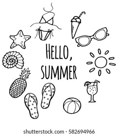 Hand drawn summer doodles with text: "Hello, summer" isolated white background.