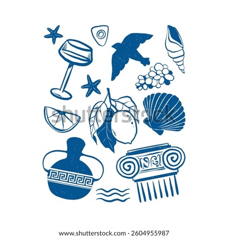Hand drawn summer doodles, vacation and travel elements. Coastal outline icon vector set in blue color. Vibe of Greece and Italy