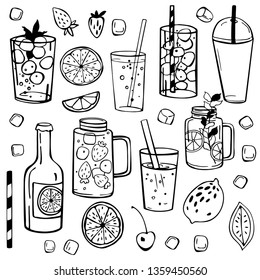 Hand drawn summer drinks,  lemonade.  Vector sketch  illustration.