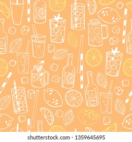 Hand drawn summer drinks,  lemonade.  Vector  seamless pattern