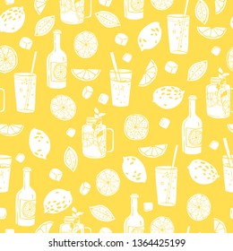 Hand drawn summer drinks,  lemonade.  Seamless vector pattern