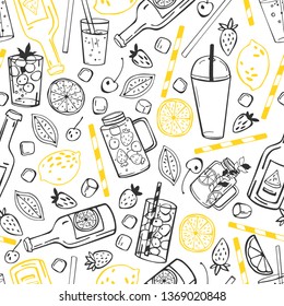 Hand drawn summer drinks,  lemonade.  Seamless vector pattern