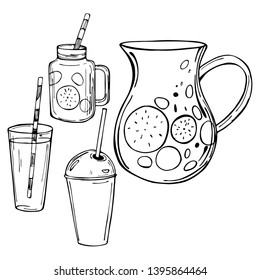 Hand drawn summer drinks,  lemonade.  Vector sketch  illustration.