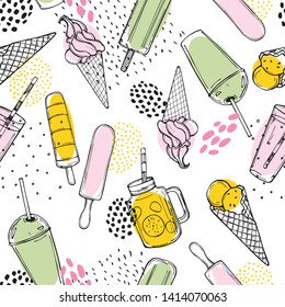 Hand drawn summer drinks,  lemonade and ice cream.    Vector seamless  pattern 
