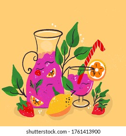 hand drawn summer drinks poster with glass and fruits, cocktails and juice