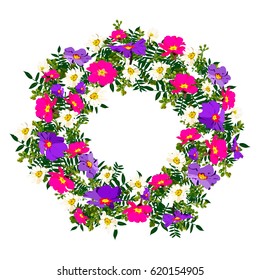 hand  drawn summer elegant and romantic  graphic flower wreath with pink and dark blue primrose. vector isolated