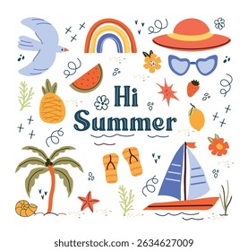 Hand drawn summer element set.  dolce vita. Minimalist line art. Palm tree, lemon, sun, sea, rainbow, fish,  seashells in doodle sketch style.  Concept vacation ocean, travel. art vector illustration