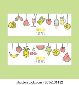 Elementos de verano dibujados a mano para el diseño de pancartas. Tarjeta en estilo doodle sobre blanco. Conjunto de banners horizontales. Esbozo dibujado en línea de cócteles de verano