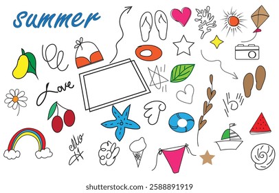 Hand drawn summer elements, beach party and picnic decor set illustration